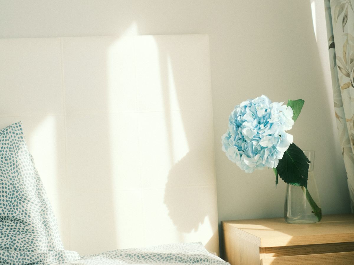 Bright, sunlit bedroom with fresh flowers